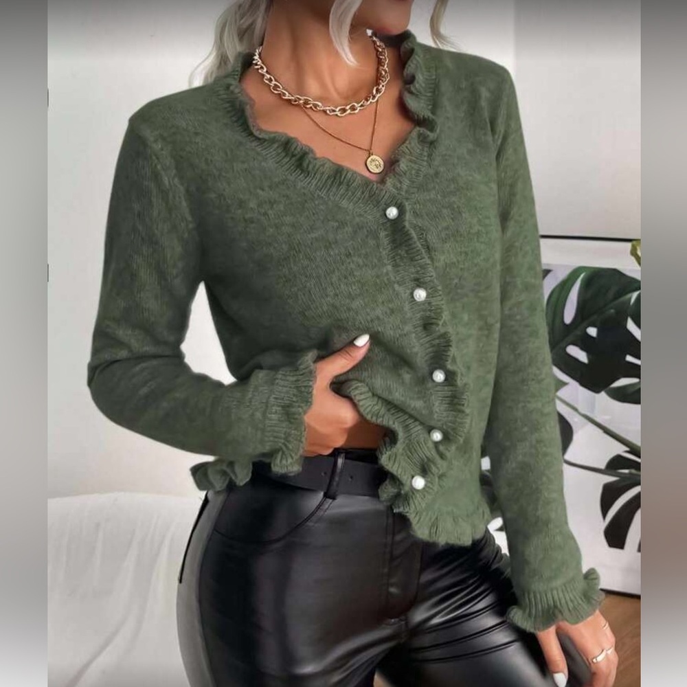 Green Ruffled Button-Up Sweater